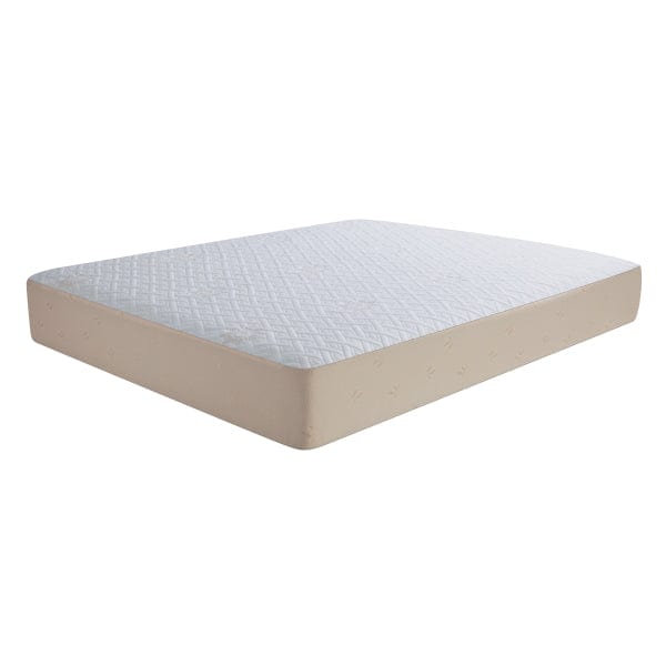 Springfit mattress protector with white diamond-quilted top and fitted beige skirt, shown fitted on a mattress in angled hero view on white background