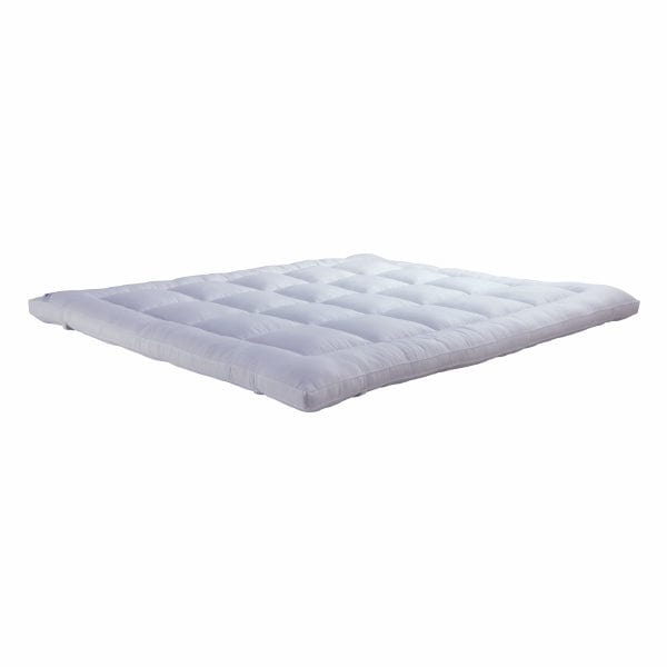 Macro close-up of Springfit mattress topper surface revealing plush white baffle-box tufted fill and quilted channel construction texture