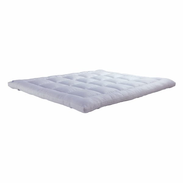 Extreme close-up of Springfit mattress topper surface revealing plush white pillow-top tufted fill texture and quilted baffle construction detail