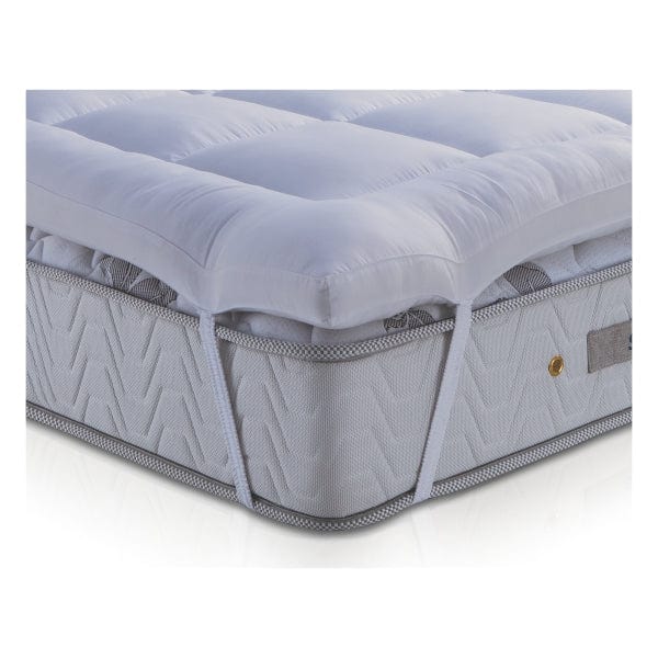 Angled view of white tufted Springfit mattress topper placed over a grey chevron-patterned Springfit mattress with pillow-top loft on white background