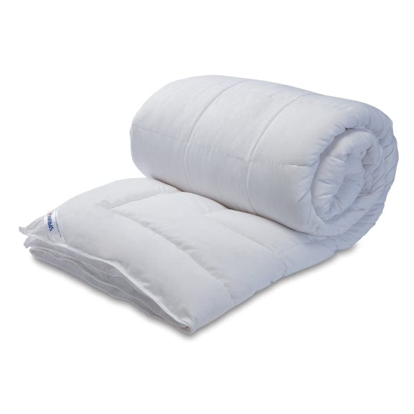 Springfit Platinum Quilt in white with channel stitch quilting, shown rolled up compactly for storage on white background