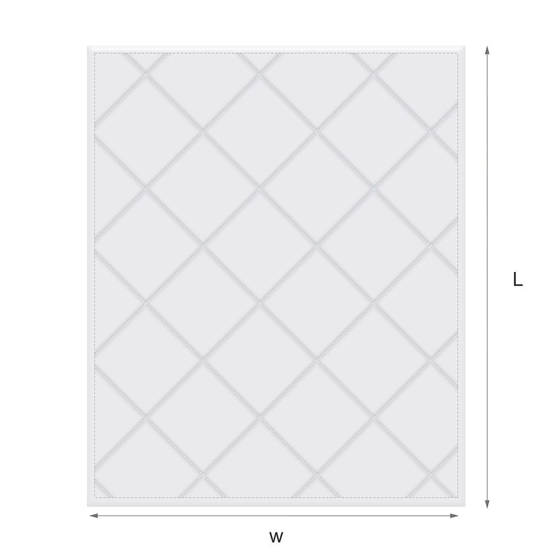 Top-view technical dimension diagram of Springfit Premium Quilt showing diamond quilt stitch pattern with L length and W width measurement arrows on white background